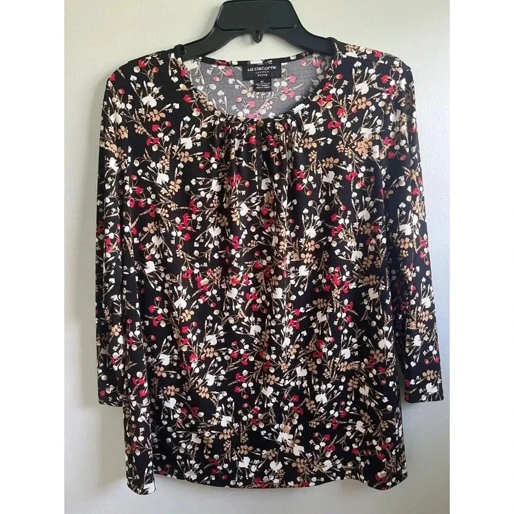 LIZ CLAIBORNE WOMENS PL FLORAL 3/4 SLEEVE BLOUSE ONE BUTTON AT NECK LINE